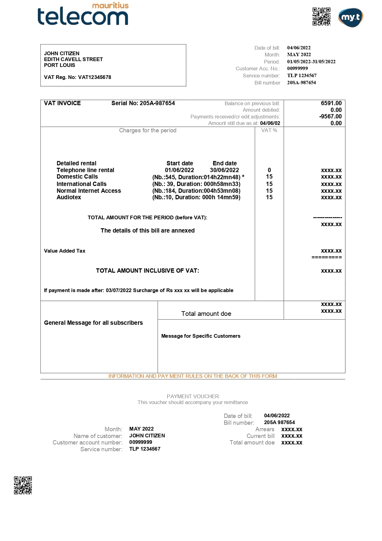 Mauritius Telecom Mauritius utility bill template in Word and PDF format